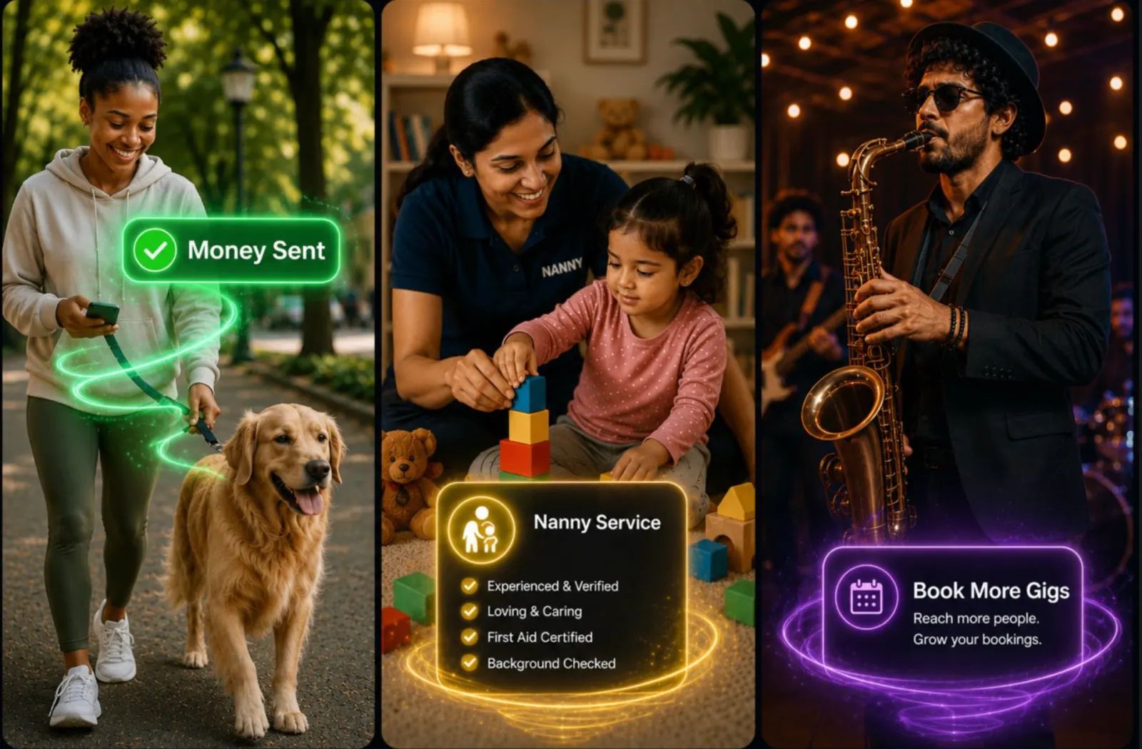 BorrowBuddy app in action: swapping items, booking a verified nanny and finding local gigs